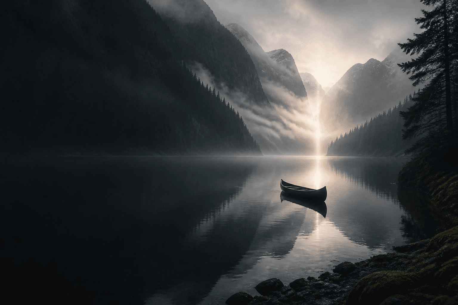A solitary canoe on a misty mountain lake at dawn