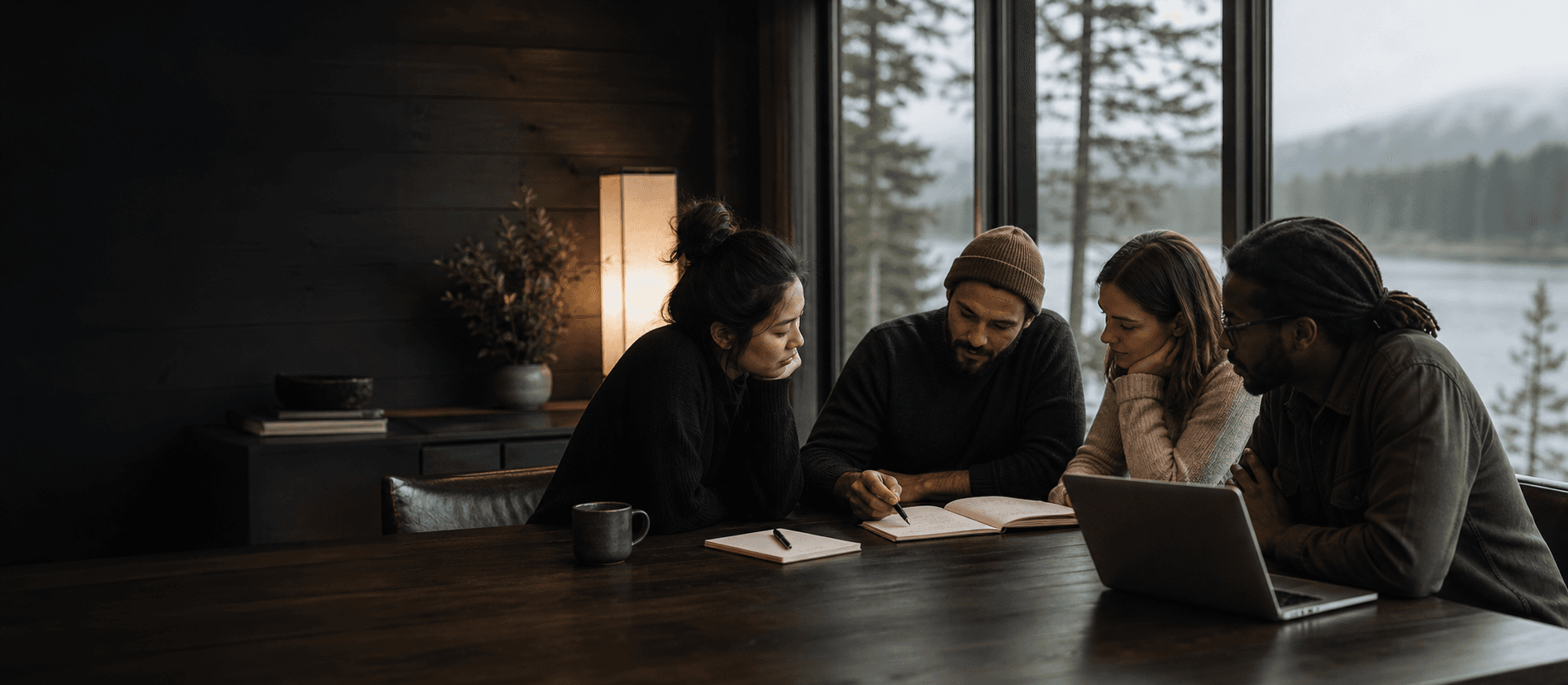A small team reviewing meeting notes together beside a mountain lake